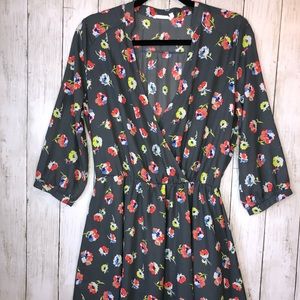 LUSH “Kendall” Surplice Faux Wrap Floral Dress Size Medium Gray Yellow Red White